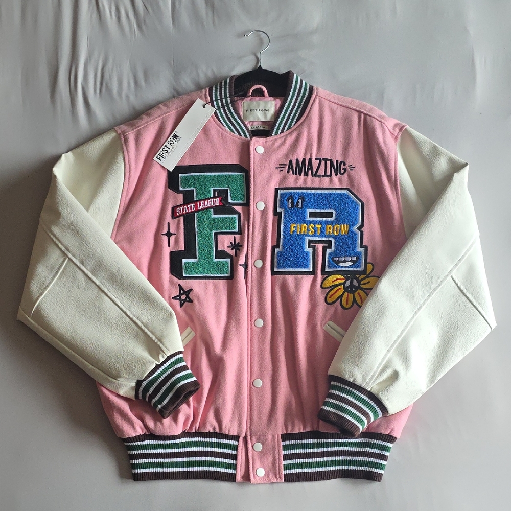 FIRST ROW Pink and White Varsity Jacket with Patches STREETWEAR
